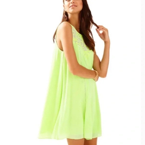 Lilly Pulitzer Cammie Dress XXS Lemon Drop Neon Yellow Green Embroidered Swing - Picture 13 of 14